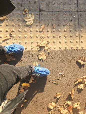 Blue trainers, fallen leaves, tarmac, tactile paving 