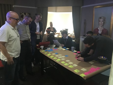 The team in the observation room, gathered round brown paper with sticky notes