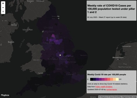 Image of choropleth map of England showing pillar 1 and 2 test data