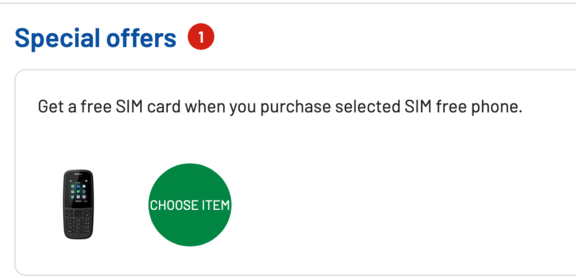 Screenshot from website: "Special offers: Get a free SIM card when you purchase selected SIM free phone."