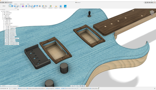 A 3D model of the guitar I'm building, showing where the pickups would be mounted.