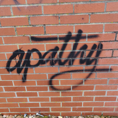 The word "apathy" graffitied onto a brick wall.