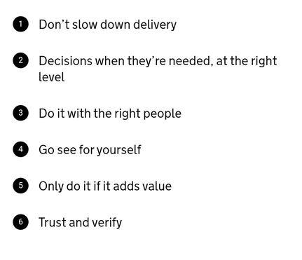 1. Don’t slow down delivery
2. Decisions when they’re needed, at the right level
3. Do it with the right people
4. Go see for yourself
5. Only do it if it adds value
6. Trust and verify

