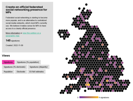 A hex map showing the distribution of signatures to the petition. Not many have signed. There is a "hotspot" of 4 in Eastleigh.