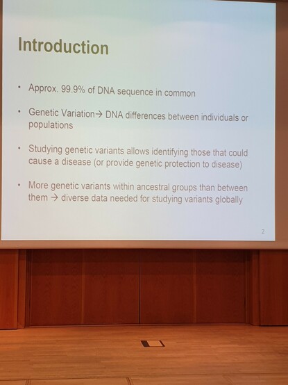 Introductory slide from lecture. Including points that 
99.9% of DNA is shared and Diverse data are needed.