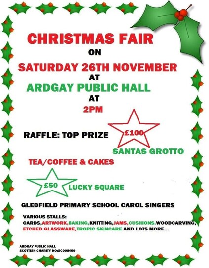 A poster in green and read with holly motif for a local Christmas fair in Ardgay Scottish Highlands on Saturday 26th of November