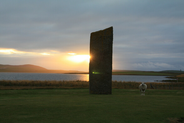 A standing stone with sunset behind it. Alongside it a sheep stares at the viewer.