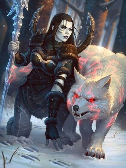 The image is an art composition in colour. There is a woman and a white wolf as focus in the picture. The wolf is snarling and has red eyes. There are red lights on his face and fur.
The woman has dark hair and a white face, holding a staff. She is kneeling, looking away from the viewer. She has dark markings on her face. She is dressed in brown and teal furs with grey leggings. She wears antlers on her back. 
There are tracks in the snow.