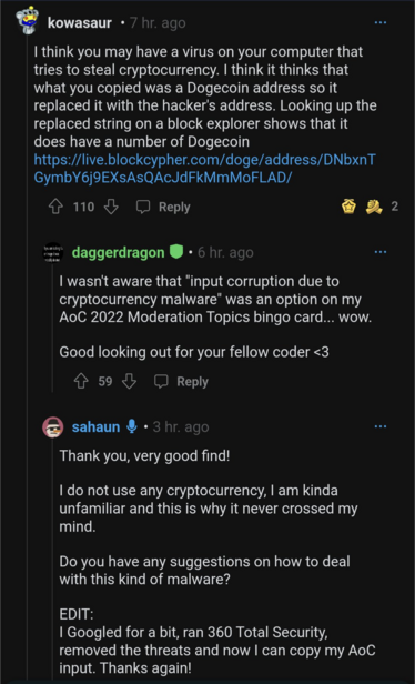 Screenshot of answer on the linked Reddit question: The disappearing string is formatted like cryptocurrency details, some malware on the poster's computer is trying to rob them.