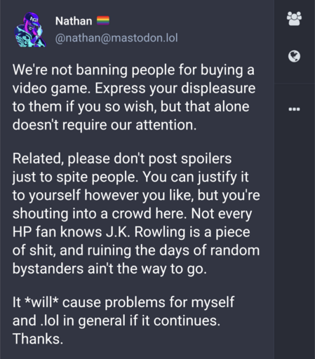 A message from Nathan that he won't ban people for this and a warning to stop posting spoilers as it's likely to get mastodon.lol fedi banned.