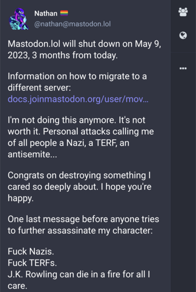 Another screenshot of a message from Nathan announcing the closure of mastodon.lol, and why. 
