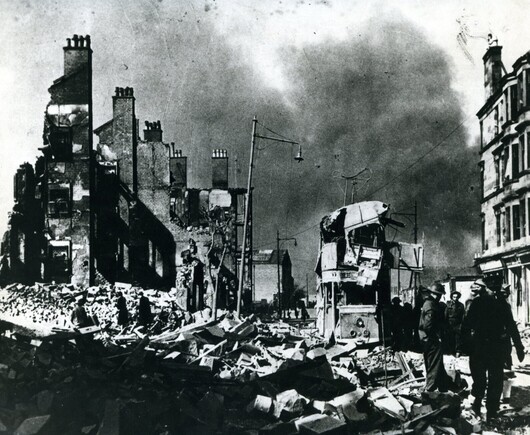 wrecked buildings and a tram during the Clydebank blitz
