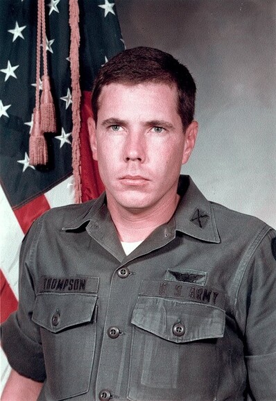 a clean-cut Hugh Thompson Jnr, pictured in the sixties, in his army fatigues