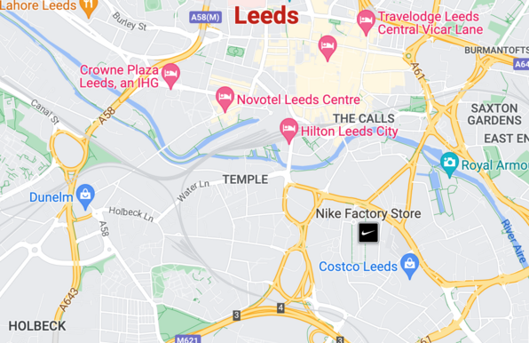 Screenshot of Leeds City Centre and surrounding districts taken from Google Maps. The River Aire runs in a wiggly like from top left to bottom right. Just below the river in the centre of the map is the word "TEMPLE" in the same style as to the bottom left "HOLBECK"