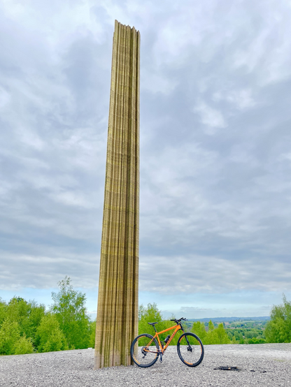 Orange mountain bike leaning against a golden feature in Pooley Park