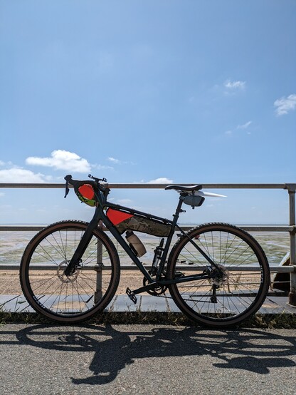 A bike against a seafront railing