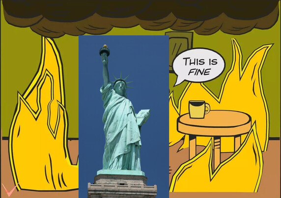 this is fine everything on fire meme, but with the statue of liberty saying 'this is fine'