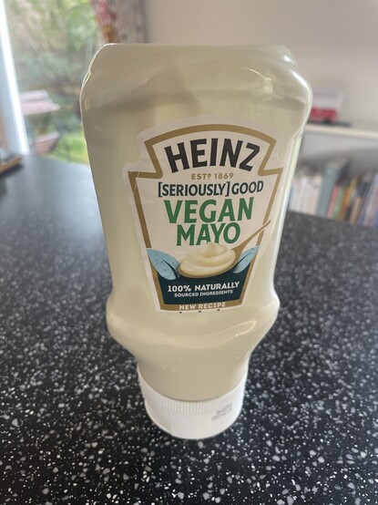 A bottle of Heinz “seriously good vegan mayo”.