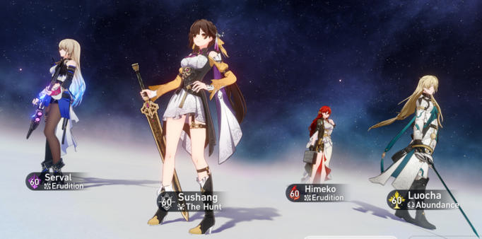 Honkai Star Rail screenshot. Four characters (three female, one male) in combat poses.