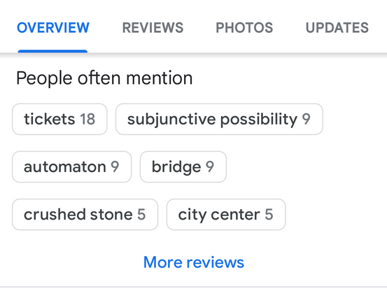 OVERVIEW

REVIEWS

PHOTOS

UPDATES

People often mention

tickets 18

subjunctive possibility 9

automaton 9

bridge 9

crushed stone 5

city center 5

More reviews