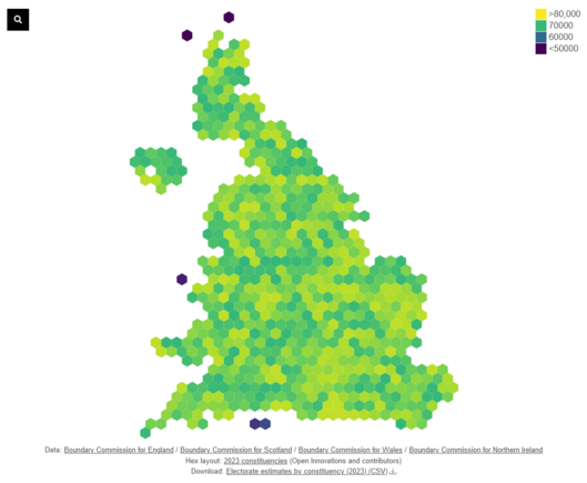A hex cartogram of electorates for the new 2023 UK constituencies. The values are much more similar across the whole of the UK except for the island constituencies of the Isle of Wight, Ynys Môn, Na h-Eileanan an Iar, and Orkney and Shetland.