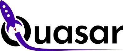 The word “Quasar” with a stylised purple rocket emerging from the Q and a long purple tail of the Q running under the rest of the word and fading to a point.