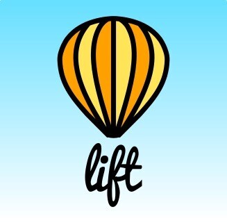 An outlined Hot Air Balloon shape with orange and yellow vertical strips, above a curly lettered word “lift” representing the basket.