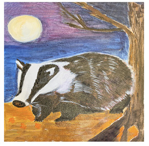 Midnight snack - a badger with a moon above in coloured pencils