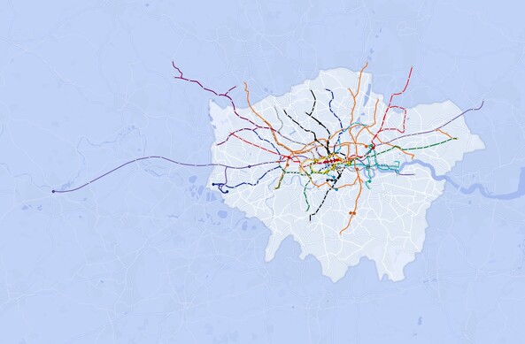 A screenshot from the London Tube Memory Game, showing a zoomed-out map view of all the Tube lines in London. The Elizabeth line extends impressively far to the west of London't official boundary.