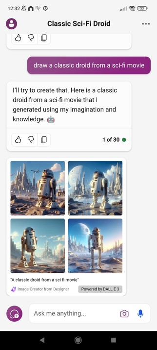 Picture of R2D2 created by Bing Copilot