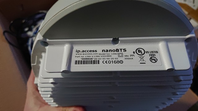 Close up of the label on an ip.access nanoBTS unit