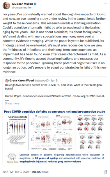 For years, I've consistently warned about the cognitive impacts of Covid, and now, an eye-opening study under review in the Lancet lends further weight to these concerns. This research unveils a startling revelation: Covid's cognitive aftermath might be akin to accelerating the brain's aging by 20 years. This is not about alarmism; it's about facing reality. We're not dealing with mere speculations anymore; we're seeing concrete evidence emerging. While the paper is yet to be published, its findings cannot be overlooked. We must also reconsider how we view the 'mildness' of infections and their long-term consequences, as impairment has been found even after cases characterized as mild. As a community, it's time to accept these implications and reassess our response to the pandemic. Ignoring these potential cognitive risks is no longer an option. Let's prepare to adapt our strategies in light of this new evidence.