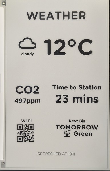 A home dashboard showing the current weather conditions, CO2 concentration, travel time to the local station, a QR code for wifi connection, when the next bin collection is, and which bin it is.