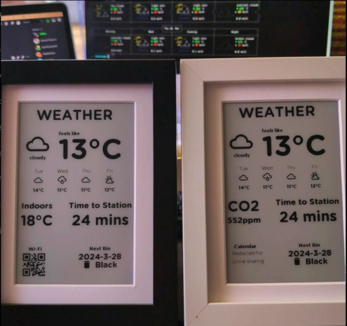 Information screens made from e-ink displays, one in a black frame, one in a white frame. Both showing current weather conditions and the next four days forecast, driving time to the nearest station, and the date and colour of the next bin collection. One shows the indoor temperature and a QR code for connecting to my wifi, the other shows the CO2 concentration in my office, and the next few events on my calendar.