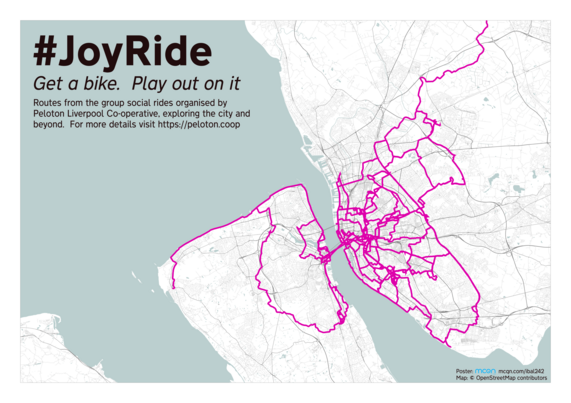 The original image which was printed out on the poster in the photo.  In the top-left corner is the text reading "#JoyRide.  Get a bike.  Play out on it.  Routes from the group social rides organised by Peloton Liverpool Co-operative, exploring the city and beyond.  For more details visit https://peloton.coop"