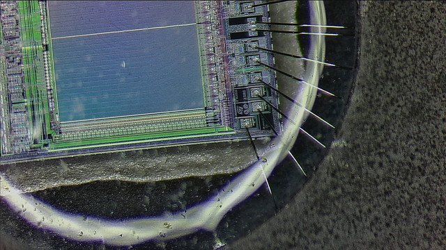 Close-up photo of an EPROM chip, taken through the microscope.  You can see the bonding wires which connect the chips pins to the die, and the die itself - including the ST Microelectronics logo etched into the silicon