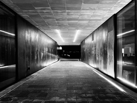 Black and white urban scene - looking down a rectacular tunnel at night. Strip lights on the walls and ceiling. Looks a bit scifi.