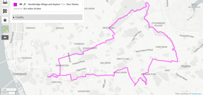 A map of Liverpool and Knowsley with a bike route overlaid.

Starting in the city centre it heads out through Newsham Park over into West Derby.  Then round Croxteth Park and through the woods to Stockbridge Village.

It follows the river Alt over to Huyton, then heads back west through Court Hey Park, then a short run along the Loop Line to Broadgreen and back to the city centre through Wavertree Technology Park (not as green as the other parks *grin*)
