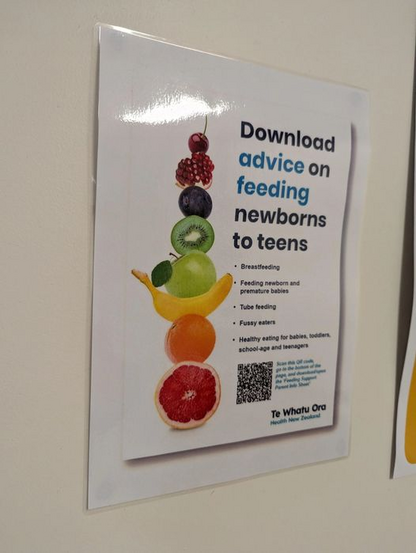 A poster with some fruit on it and a headline stating “Download advice on feeding newborns to teens”