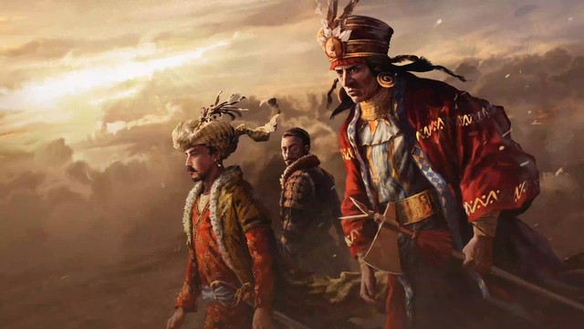 game promo art showing merchants in different period outfits from the 1600s or so