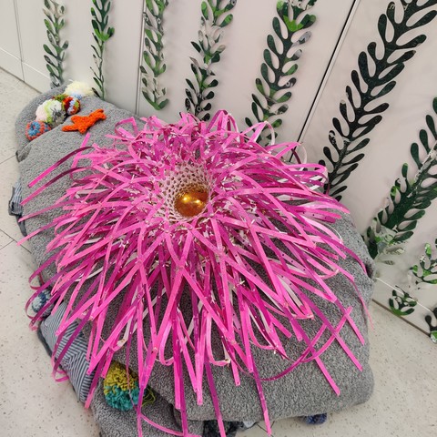 Close up of plaited polypropylene sea anemone and seaweed made from laser cut heat pressed Asda and Marks and Spencer bags