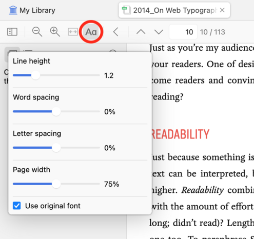 Screenshot of an open ePub in Zotero 7 showing the icon where the settings for line height, word spacing, letter spacing, and page width are. You can also toggle the original font with your chosen font.