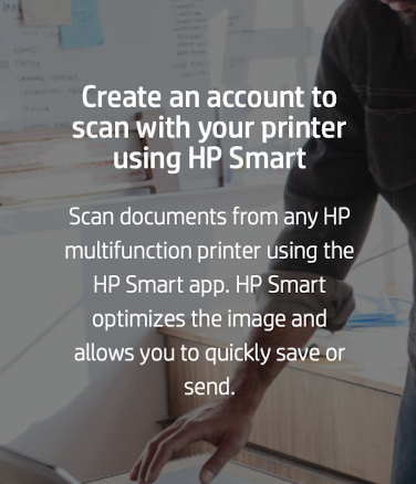 A message from the HP Smart software to "Create an account to scan with your printer using HP Smart"