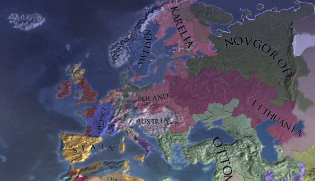 map screenshot. Long boi lithunia stretches to india. novgorod dominates the north. Karelia is on the map and pomerania has eaten denmark