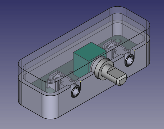 Render of a circuit board inside a rectangular case.  There are two headphone sockets and a potentiometer on the PCB and they're poking through one side of the case.

The case has a top and bottom half, and the top half is shown as transparent so the components inside are visible