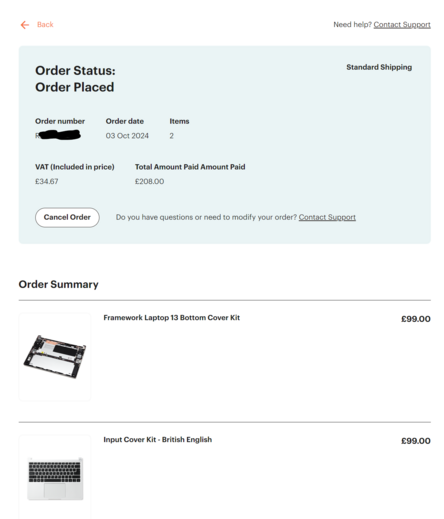 Screenshot of parts order. Bottom cover kit for £99 and input cover kit for £99, with carriage a total of £208