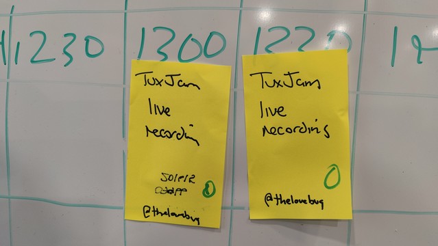 A photo of the barcamp board at #OggCamp2024, showing the two hopefully scheduled sessions for a live TuxJam episode.