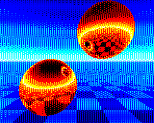 BBC Micro Bot graphics output - Two hot spheres in a cold landscape