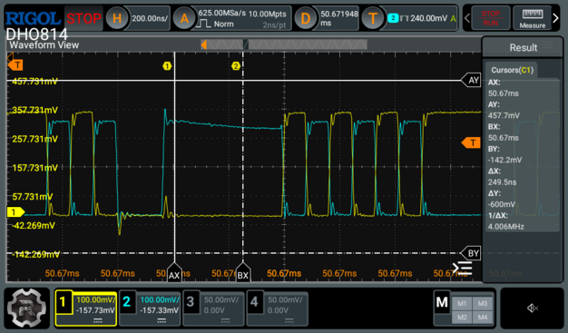 An oscilloscope trace showing the tail end of one USB packet, a momentary pause, and then the start of the next one.

That's indicated by two traces overlaid, which broadly show assorted square waves: one for D+ and one for D-, when they flip that shows a 0 and when they stay apart it indicates a 1; when both traces drop to their lowest points together that indicates the end of a packet.

A couple of white cursor lines are also shown - they're set three bits apart to help as we scroll through the trace decoding the individual bits to then turn to bytes and then to USB packet types.