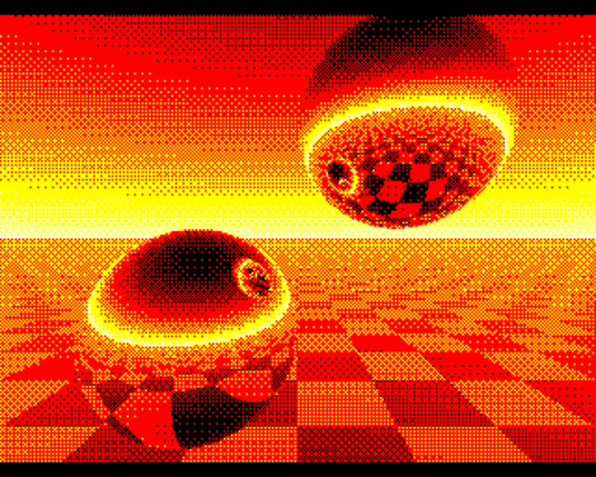 an 8-bit retraced scene of reflective spheres on a checker board horizon in primary yellow, red and black